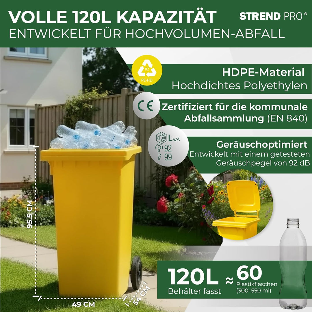 Strend Pro Mülltonne 120L Gelb | Gelbe Tonne für Plastik & Verpackungen | Mülleimer mit Deckel & Räd
