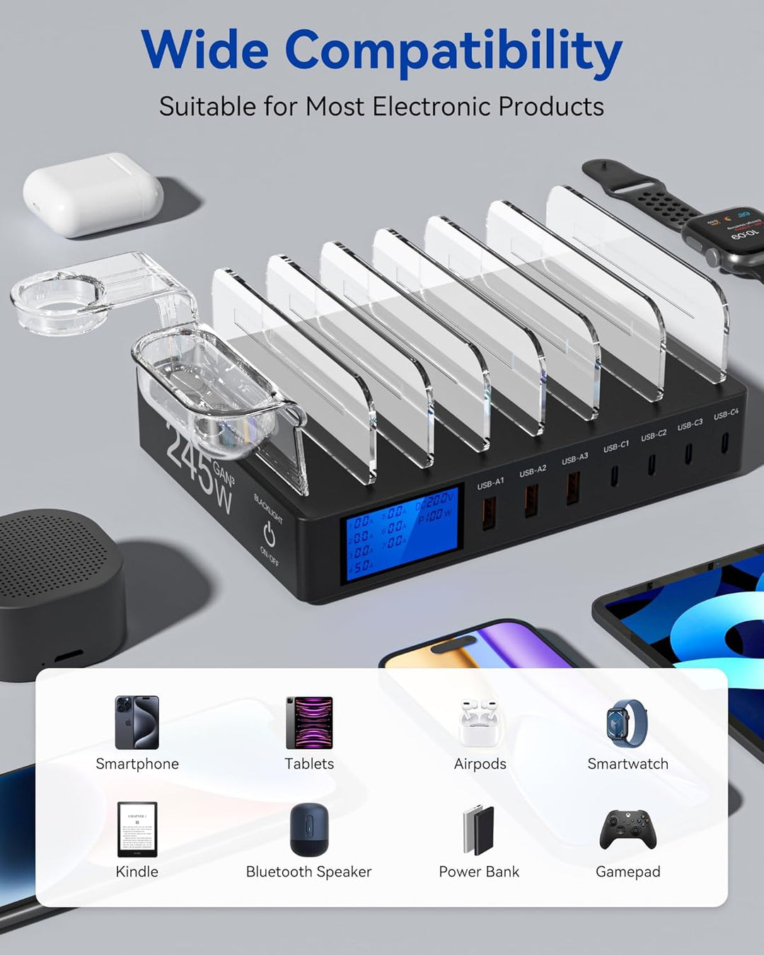 Ladestation Mehrere Geräte, 245W 7-Port-Handy Ladestation mit LCD-Anzeige, 100W PD USB C Schnelllade