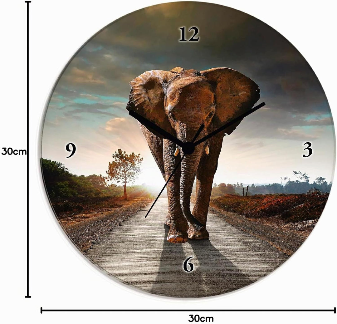 ARTLAND Wanduhr ohne Tickgeräusche Glas Funkuhr Ø 30 cm Rund Lautlos Elefant auf Strasse Elefant Fun