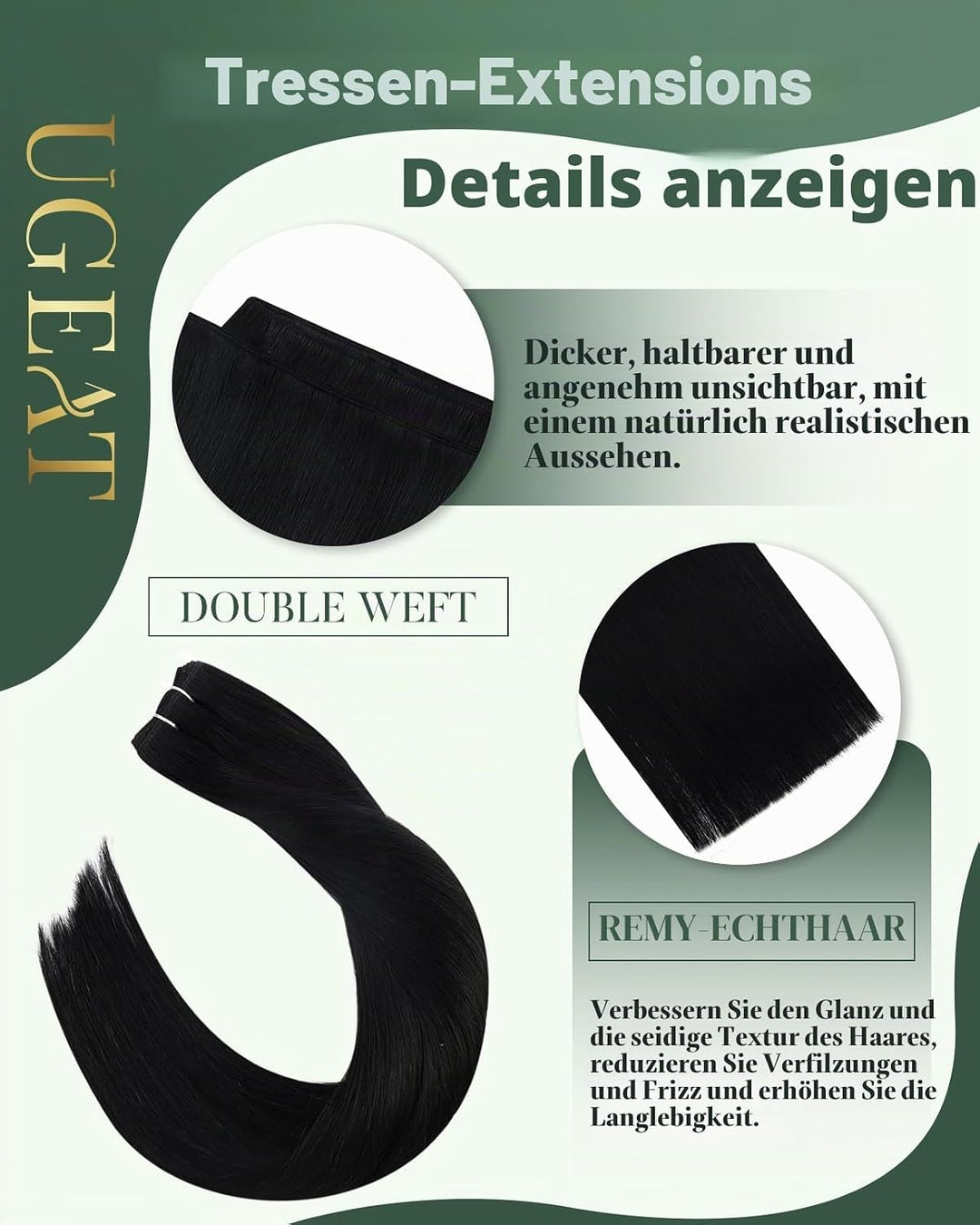 Ugeat Tressen Extensions Echthaar Schwarz 