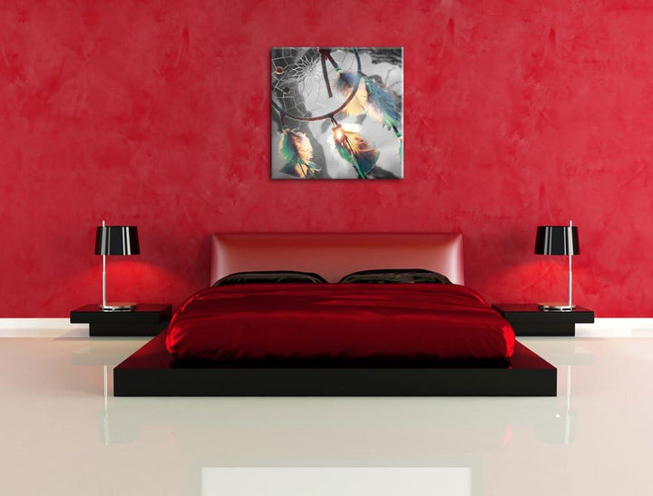 Traumfänger Schwarz/Weiss, Format: 70x70 auf Leinwand, XXL riesige Bilder fertig gerahmt mit Keilrah
