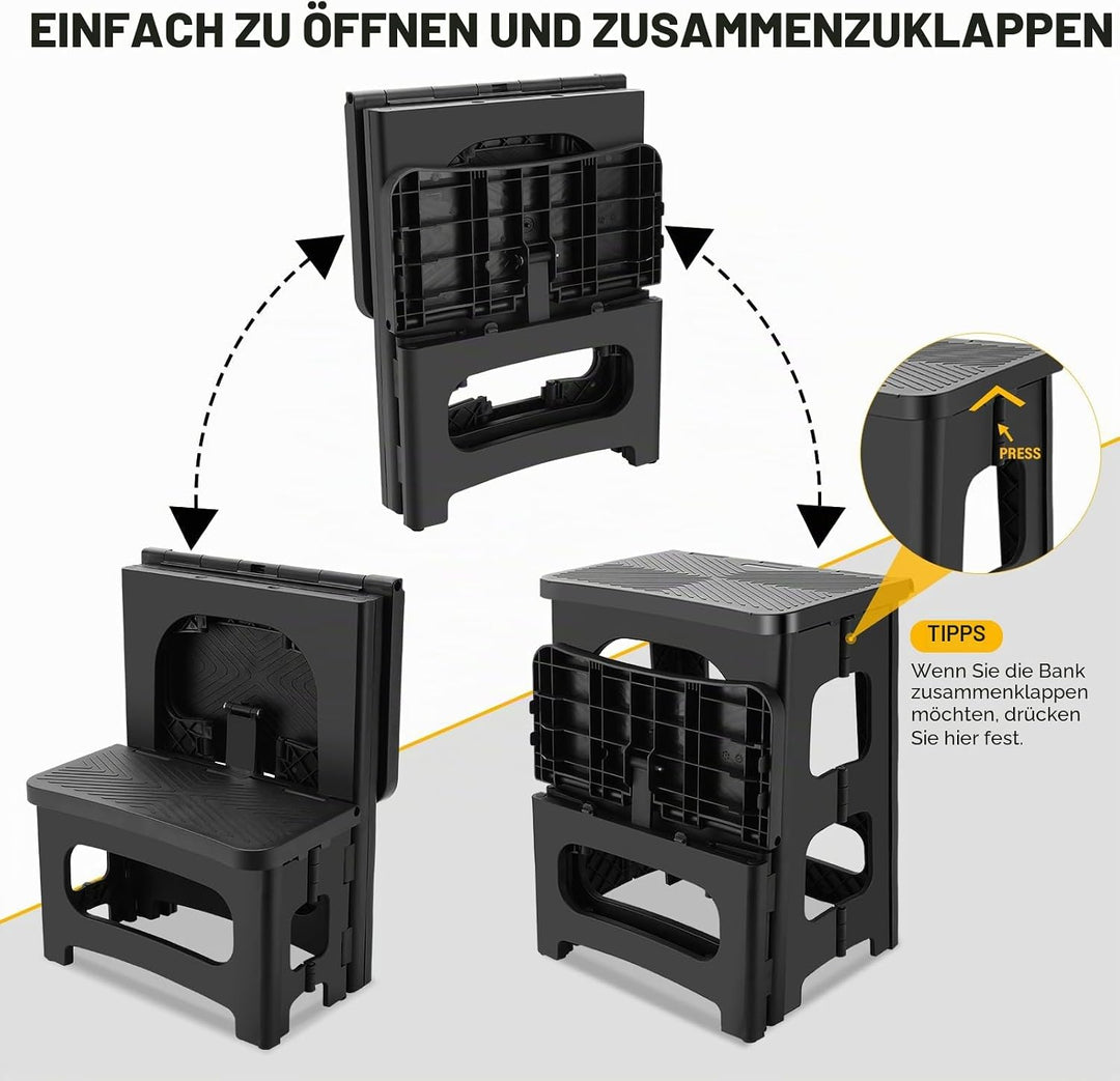 Tritthocker faltbar für Erwachsene, Rutschfester Klapphocker 2-stufig belastbar bis 180KG, Tragbarer