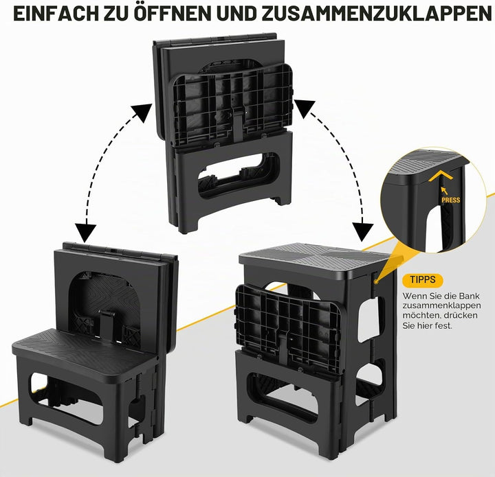 Tritthocker faltbar für Erwachsene, Rutschfester Klapphocker 2-stufig belastbar bis 180KG, Tragbarer