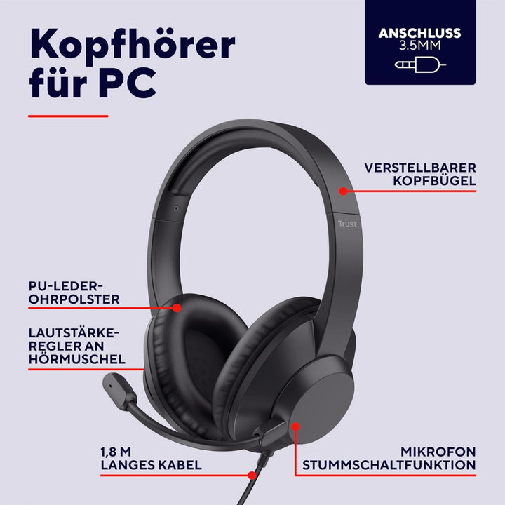 Trust Ayda Max PC Headset mit Mikrofon Over-Ear 3.5mm, Kopfhörer mit Kabel 1,80 m, Verstellbarer Kop