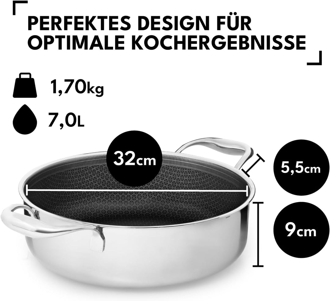 Schmorpfanne 32 cm, 7 l | Bräter mit Hohem Rand | Sautepfanne Induktion für Alle Herdarten | Kratzfe