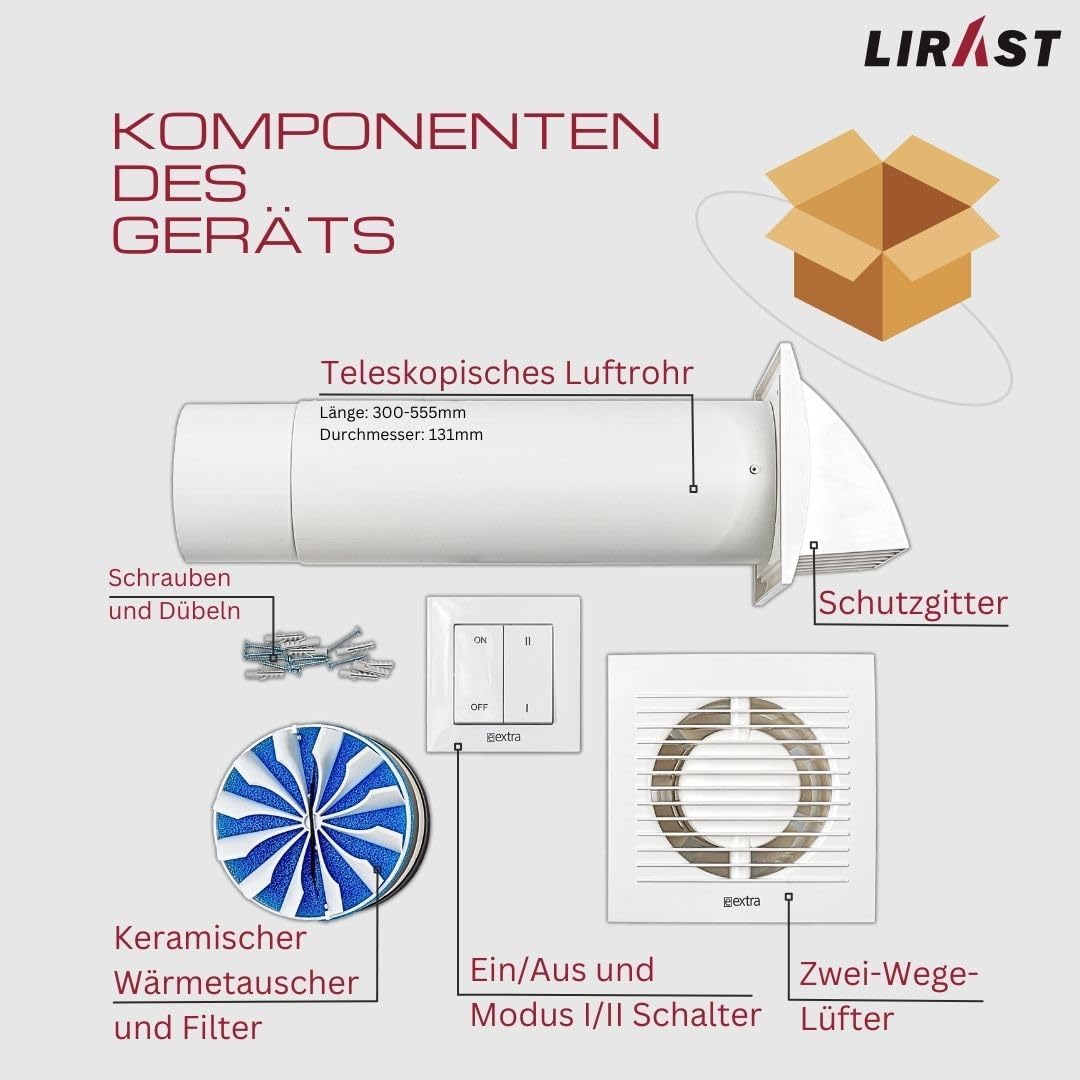 Lirast Ø 125mm Dezentrale Wohnraumlüftung mit Wärmerückgewinnung mit Schalter Mit Schalter / Weiss Ø