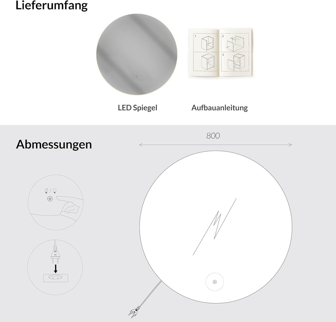 Planetmöbel NOVA Spiegel mit Beleuchtung rund, Spiegel mit LED-Licht, Dekorativer Wandspiegel ohne R