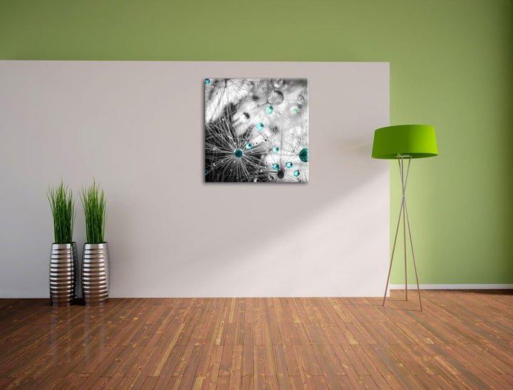 Pixxprint Wassertropfen auf Pusteblumensamen schwarz/weiss, Format: 70x70 auf Leinwand, riesige Bild