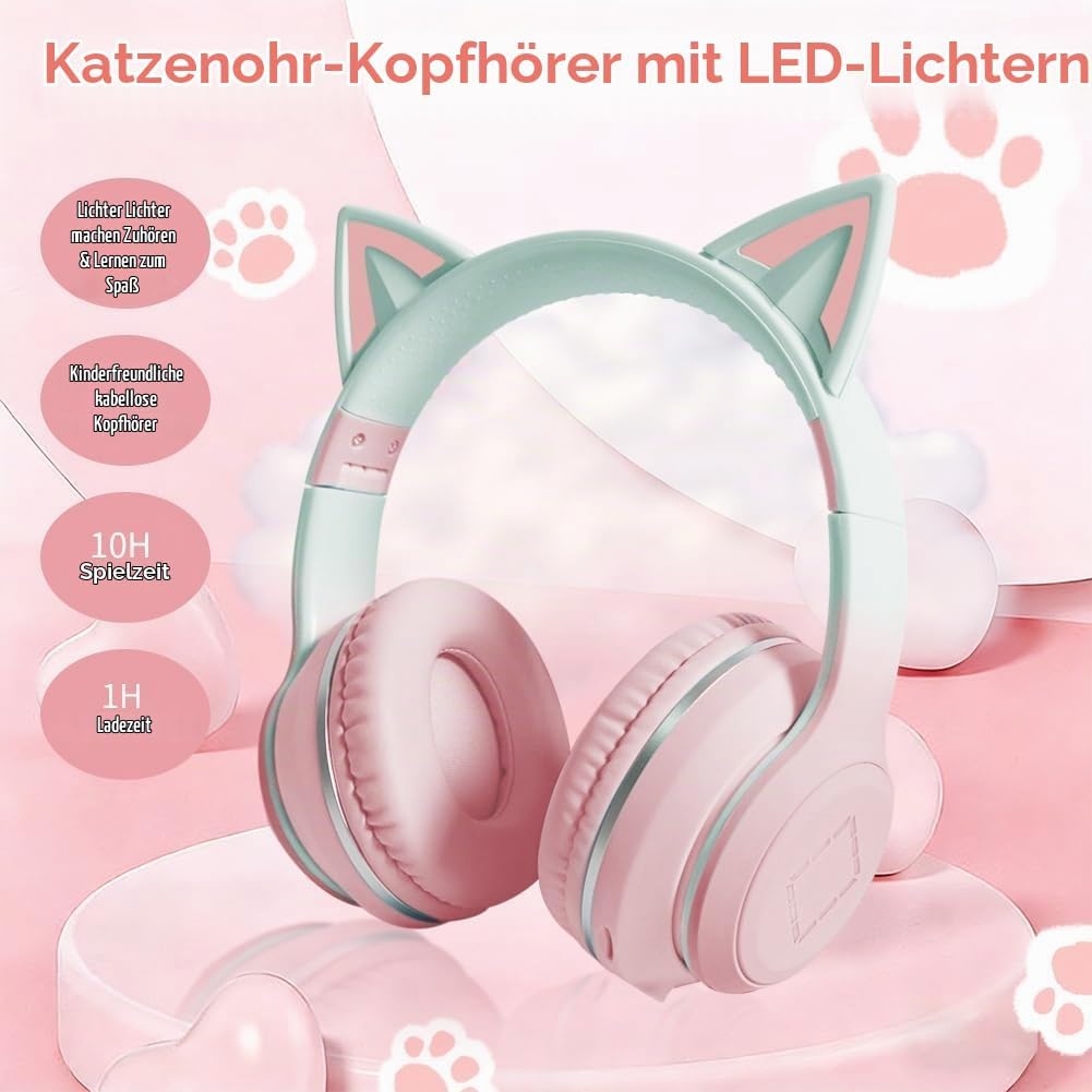 Kinder Bluetooth Kopfhörer, Katzenohr LED Lichter, Bluetooth 5.3 Stereo, Verstellbares Kopfband, 85d
