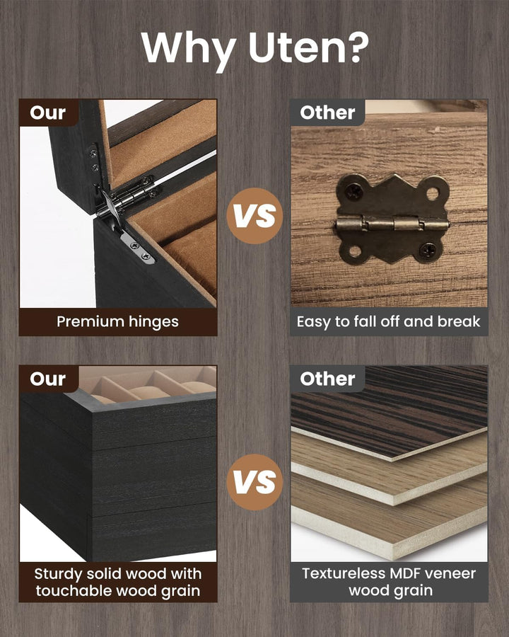 Uten Uhrenbox mit 12 Fächern, 2 Ebenen Uhrenkasten aus Massivholz mit Glasdeckel, Uhrenkissen Seiden