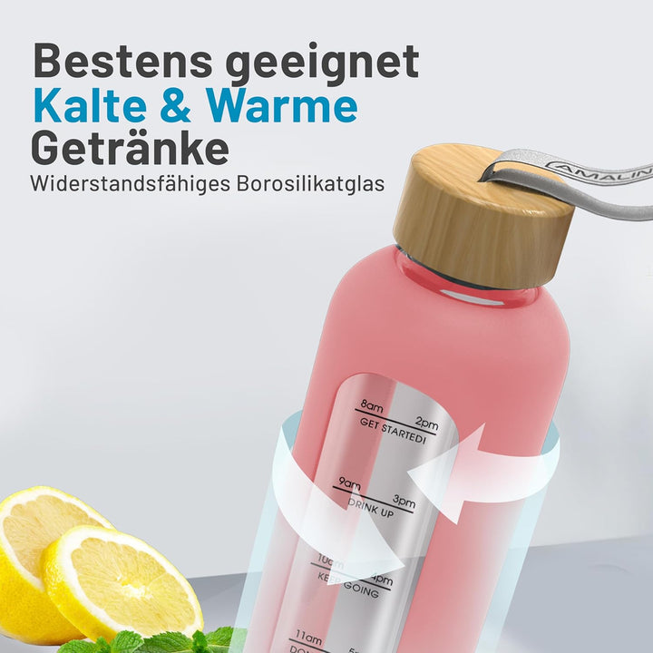 Amalindo Trinkflasche 1l Glas Bruchsicher, Wasserflasche, Glasflasche 1 Liter, Trinkflasche Glas 1l,