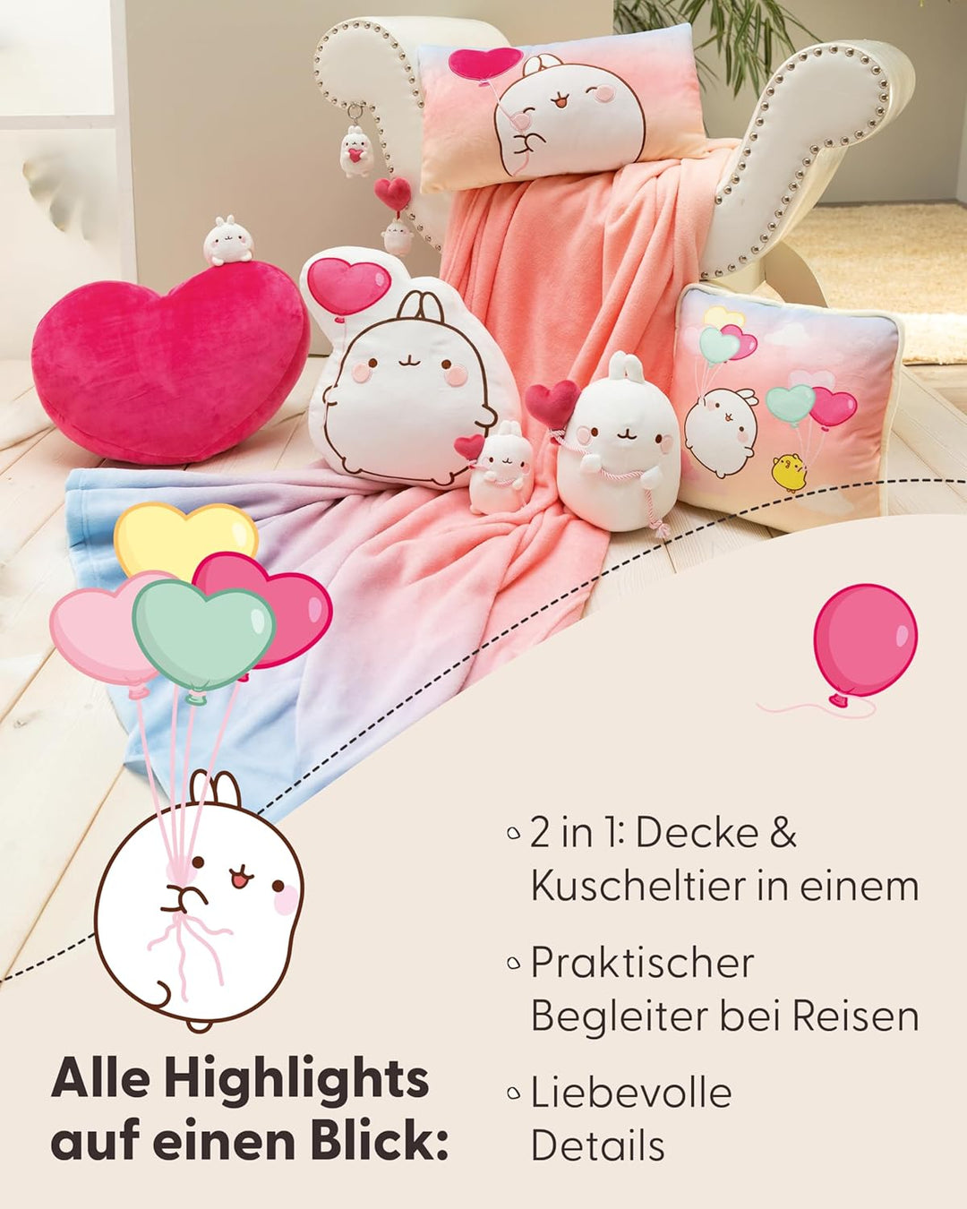 NICI NIC MOLANG Fleecedecke & Kuscheltier 2 in 1, Kuscheldecke Kinder und Erwachsene, weiss - Weiche