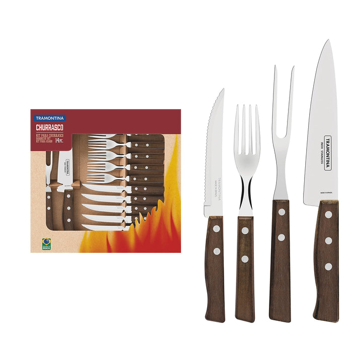 Tramontina 22299/011 Steakbesteck-Set, 14-teilig mit Naturholzgriffen 2- beziehungsweise, 3-Fach ver