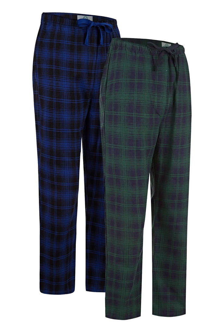 GLOBAL Herren Schlafanzughose 100% Baumwolle Flanell L Blau Kariert & Grün Kariert 2, L Blau Kariert