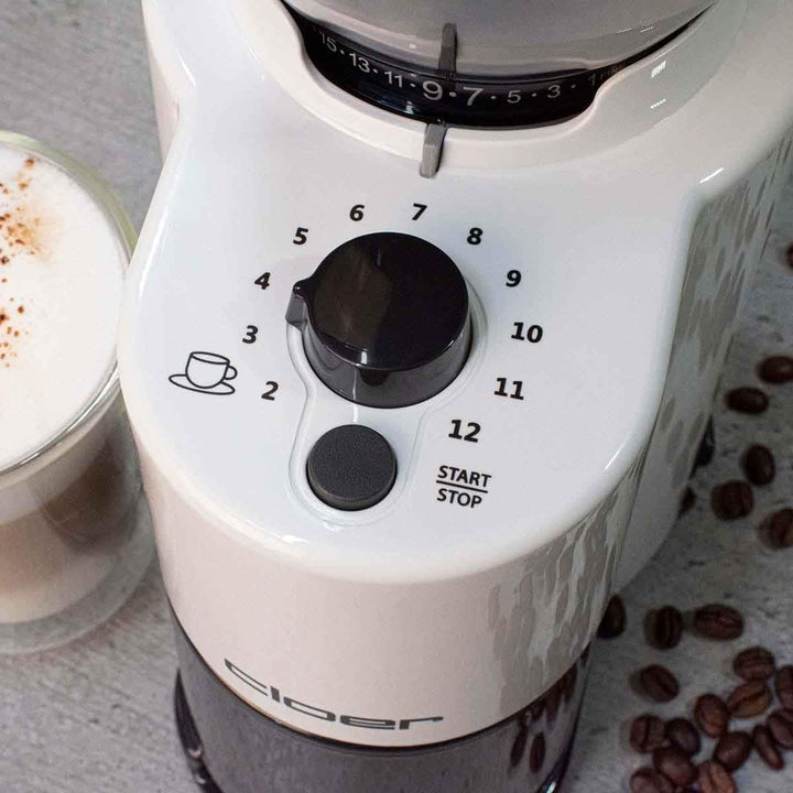 Cloer 7521 Elektrische Kaffeemühle mit Kegelmahlwerk aus Edelstahl, 2-12 Tassen, 300 g Kaffeebohnen,