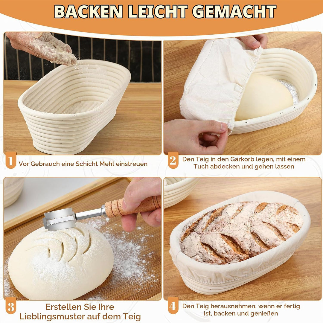 Brot Gärkorb Set, Gärkörbchen zum Brotbacken, 23cm Rund &amp; 25cm Oval Brotkörbchen aus Natürlichem Rat