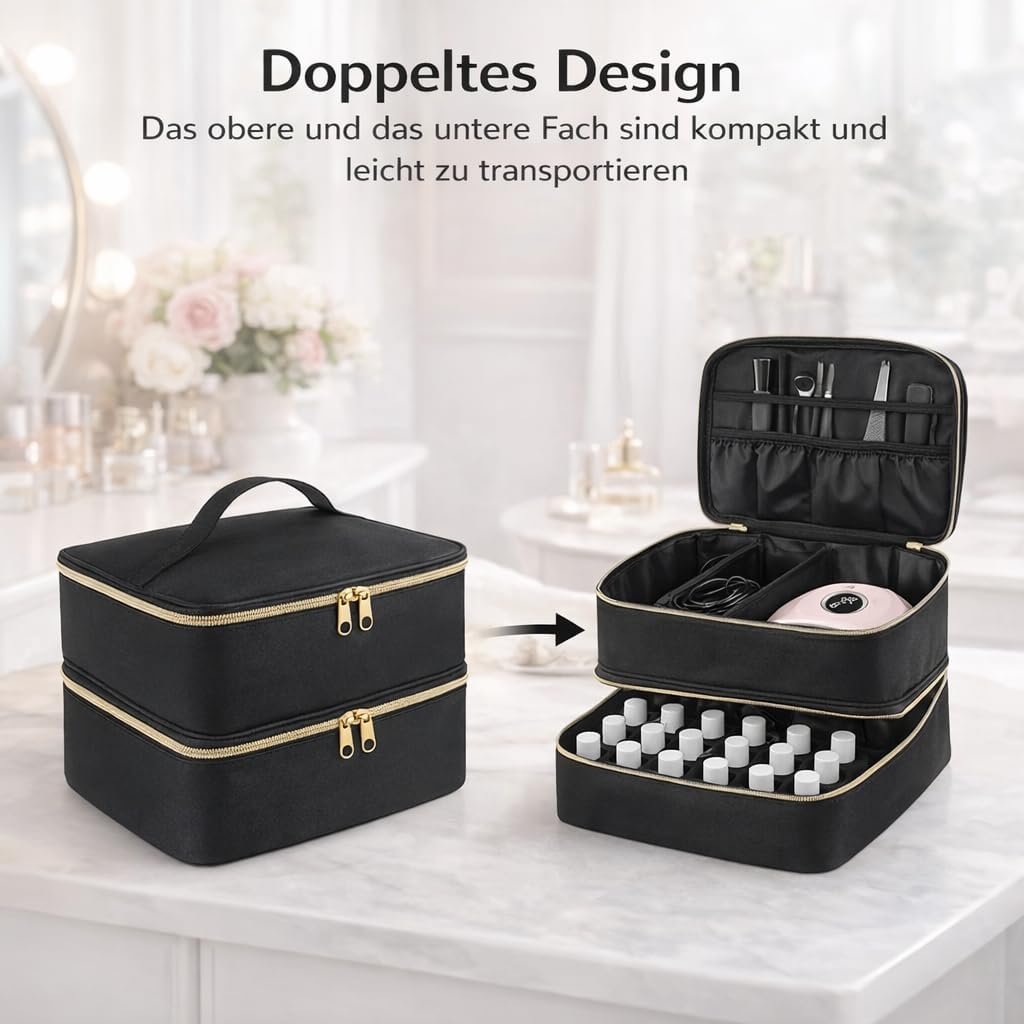 Nagellack-Organizer-Tasche, doppelte Aufbewahrungsbox für Nagellack, Gel-Lampe und Maniküre-Werkzeug