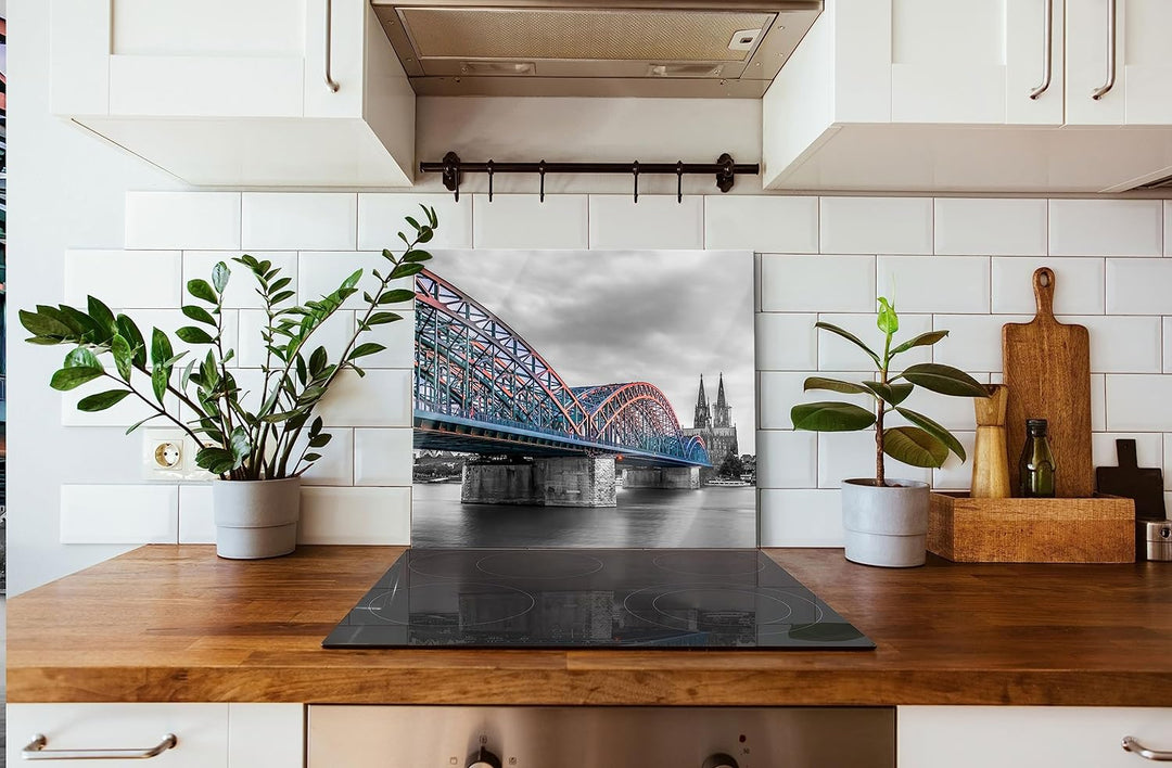 Brücke Kölner Dom Herdabdeckplatte & Spritzschutz aus Echtglas | Für Herd-Kochfelder | 60x52 cm