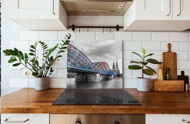 Brücke Kölner Dom Herdabdeckplatte & Spritzschutz aus Echtglas | Für Herd-Kochfelder | 60x52 cm