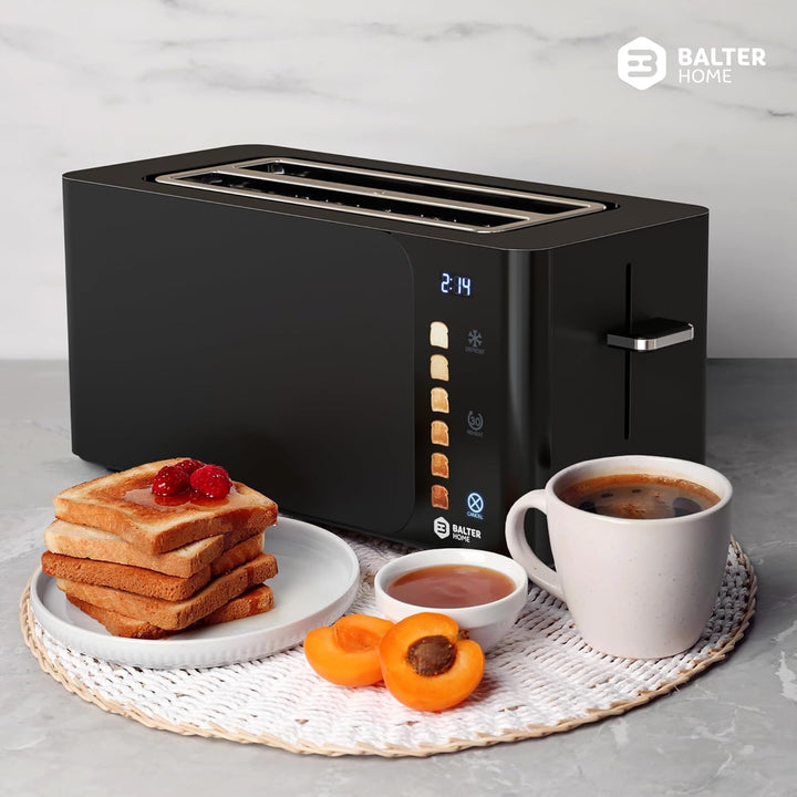 Balter Toaster 4 Scheiben Touch Bedienung, Langschlitz, Edelstahl, Brötchenaufsatz, LCD Display Rest