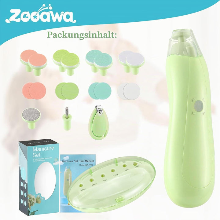 Zooawa Baby Nagelknipser 20 in 1, Elektrischer Baby Nageltrimmer, Nagelfeilen Set mit 12 Ersatzpads,