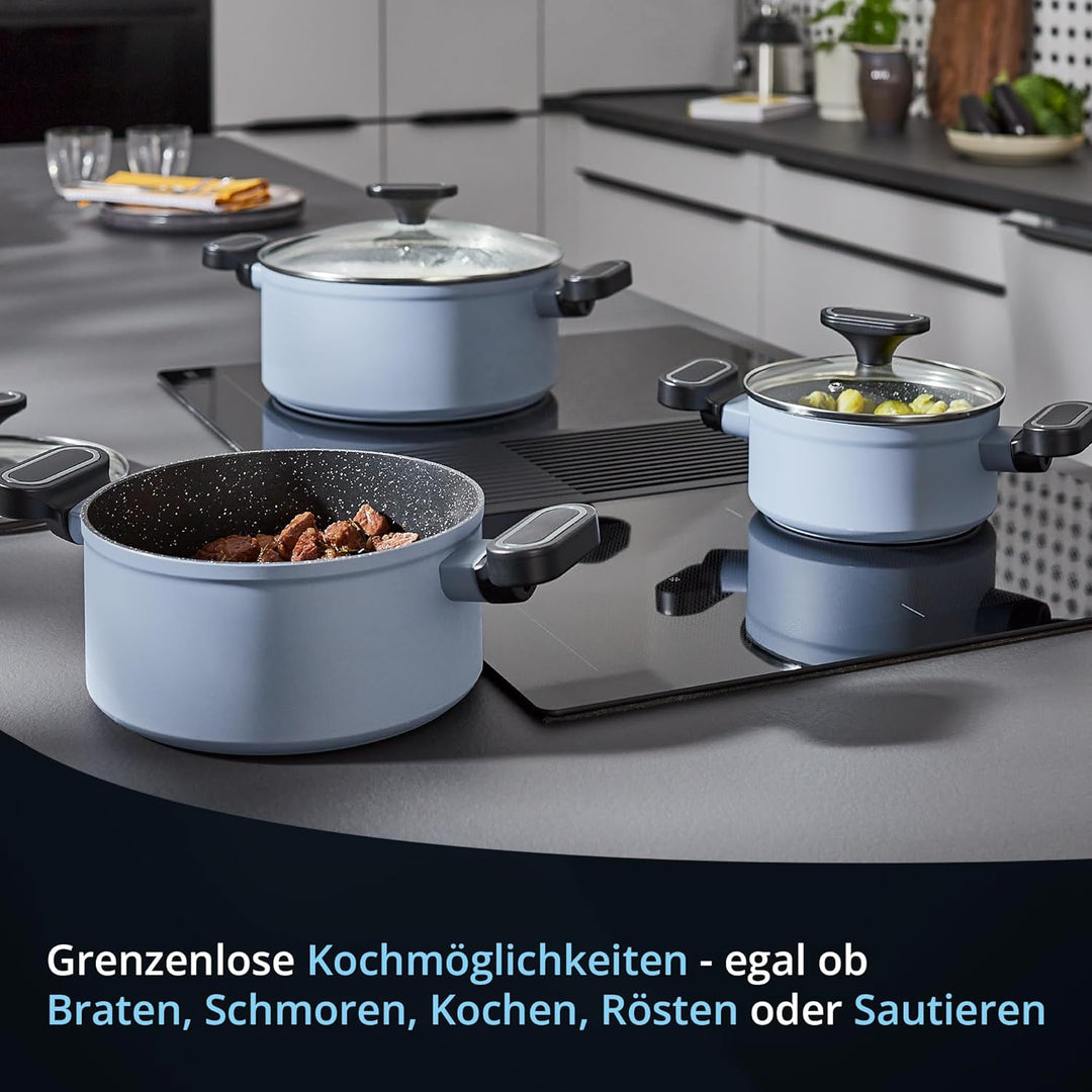 KHG Topfset 3-teilig Induktion Antihaftbeschichtung - Töpfe in 16, 20 und 24 cm mit Glasdeckeln - ge