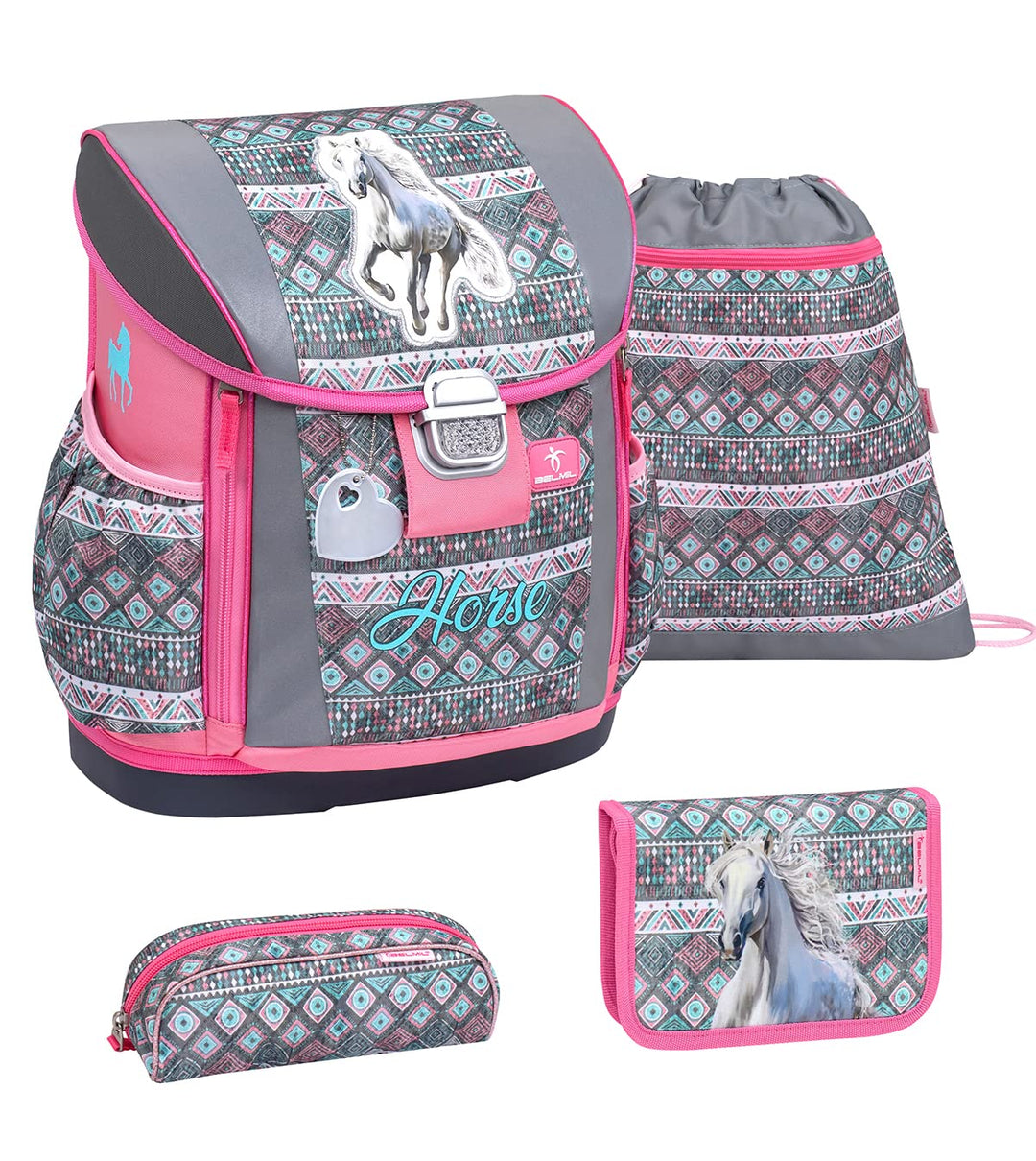 Belmil 404-20 Schulranzen Set 4 - teilig (404-20/AG/S Horse Aruba Blue), Horse Aruba Blue