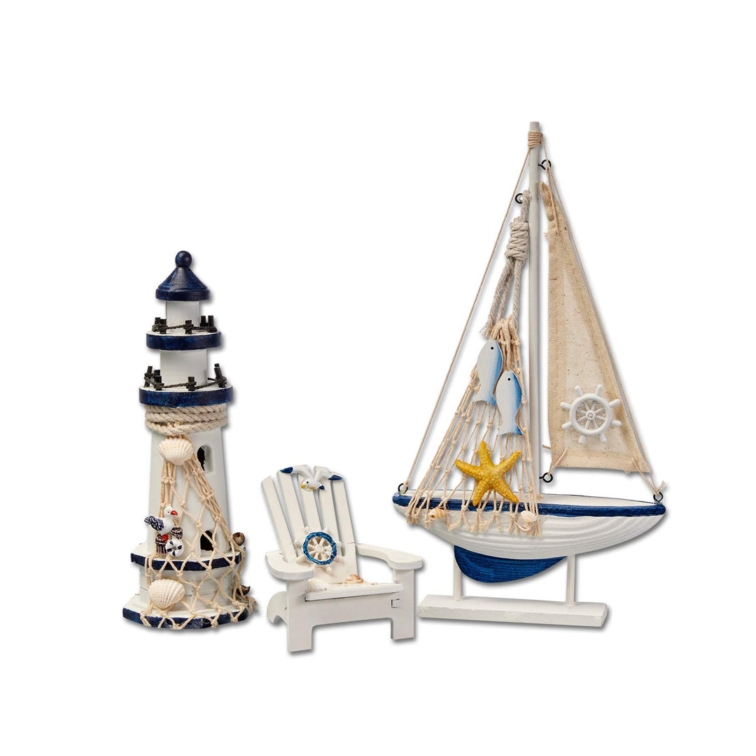 Flanacom Badezimmer Deko - 3er Set - Maritime Badezimmer Deko - Leuchtturm, Segel-Schiff und Strand-