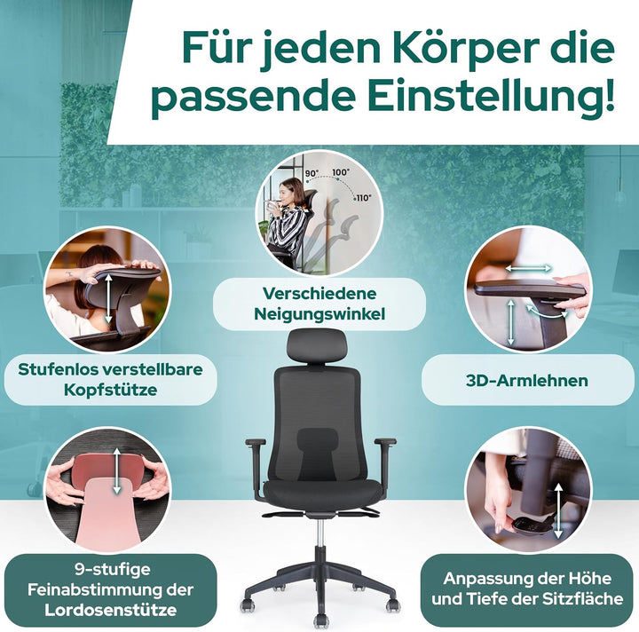 SCHEKKA® Bürostuhl Ergonomisch Testsieger - Besonders individuell Einstellbarer Schreibtischstuhl mi