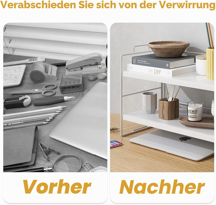 powerking Schreibtisch-Regal-Organizer, 2-stöckig, weiss lackierter Metallrahmen und Teakbrett, Schr