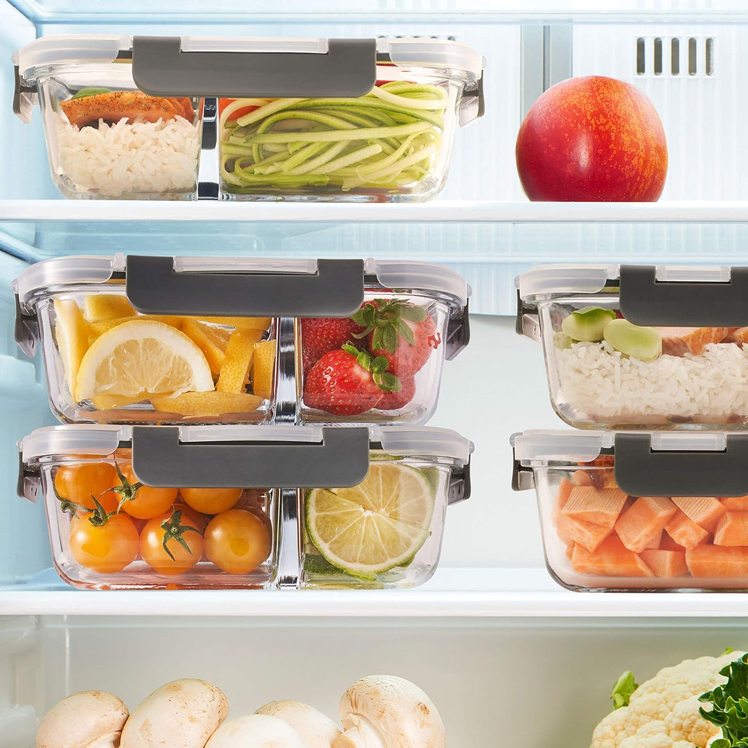 Meal Prep Container aus Glas mit 3 Fächern und Transparentem Deckel - Luftdicht Verschliessbare Fris