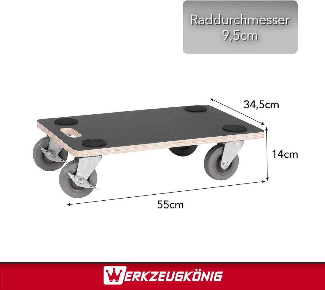 Transportroller 400 kg - Rollbrett 55 x 34,5 cm - Multiplexplatte Siebdruckbeschichtung - Vollgummir