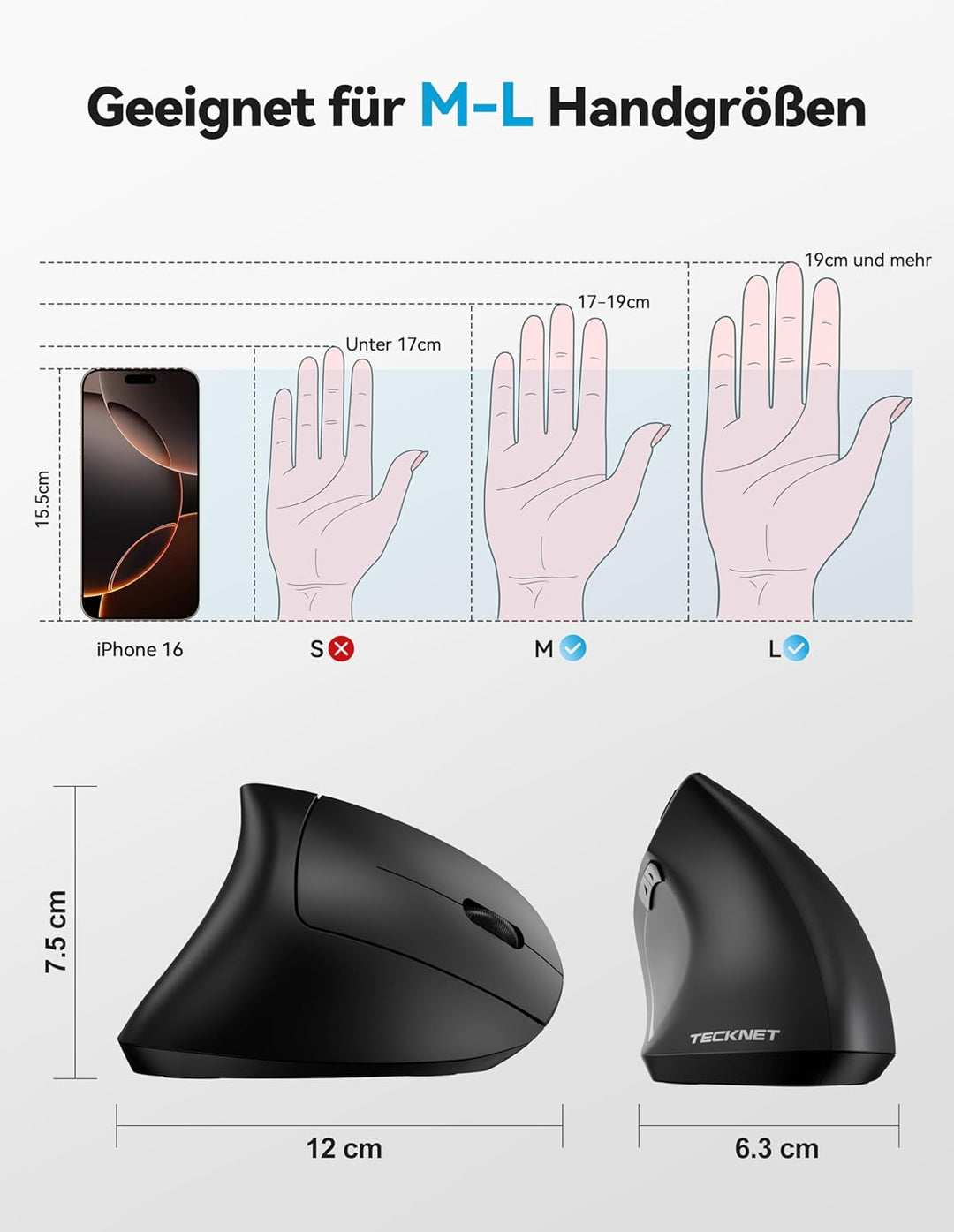 TECKNET Ergonomische Bluetooth Maus, Jiggler Wiederaufladbar Kabellose Maus (BT 5.0/3.0 + 2.4G), 6 E