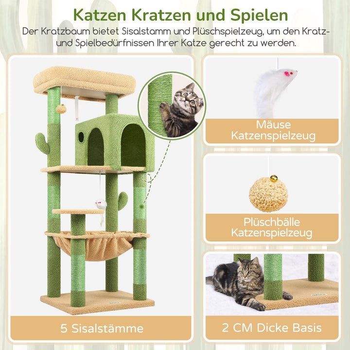 Globlazer Kratzbaum Grün Kaktus mit Extragrosse Hängematte 45 * 40cm, Grosse Katzenhaus, Gepolsterte