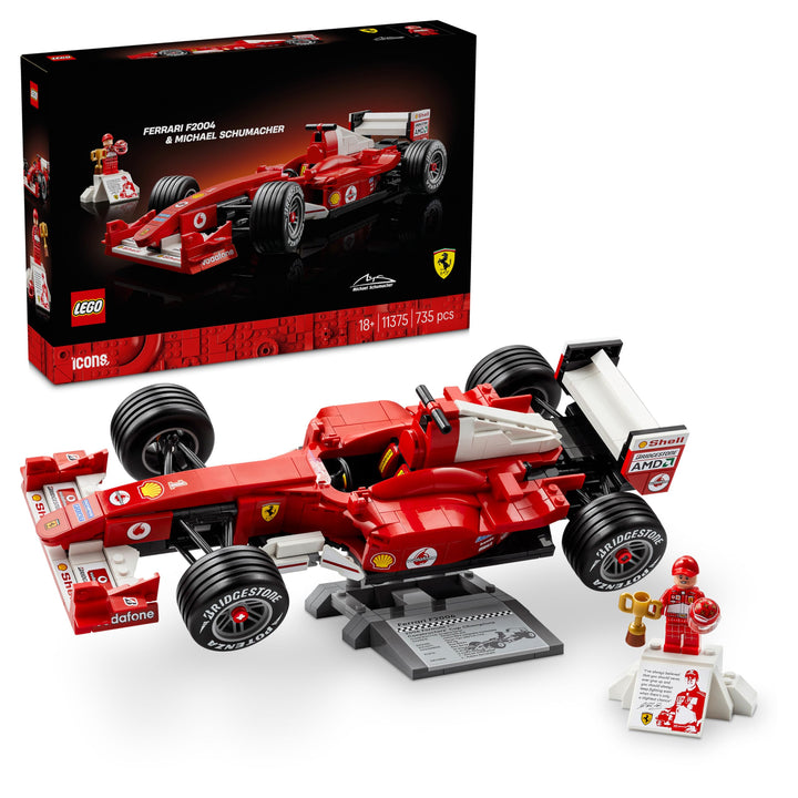 LEGO Icons Ferrari F2004 und Michael Schumacher - F1 Rennwagen Modellbau für Erwachsene - F1 Modella