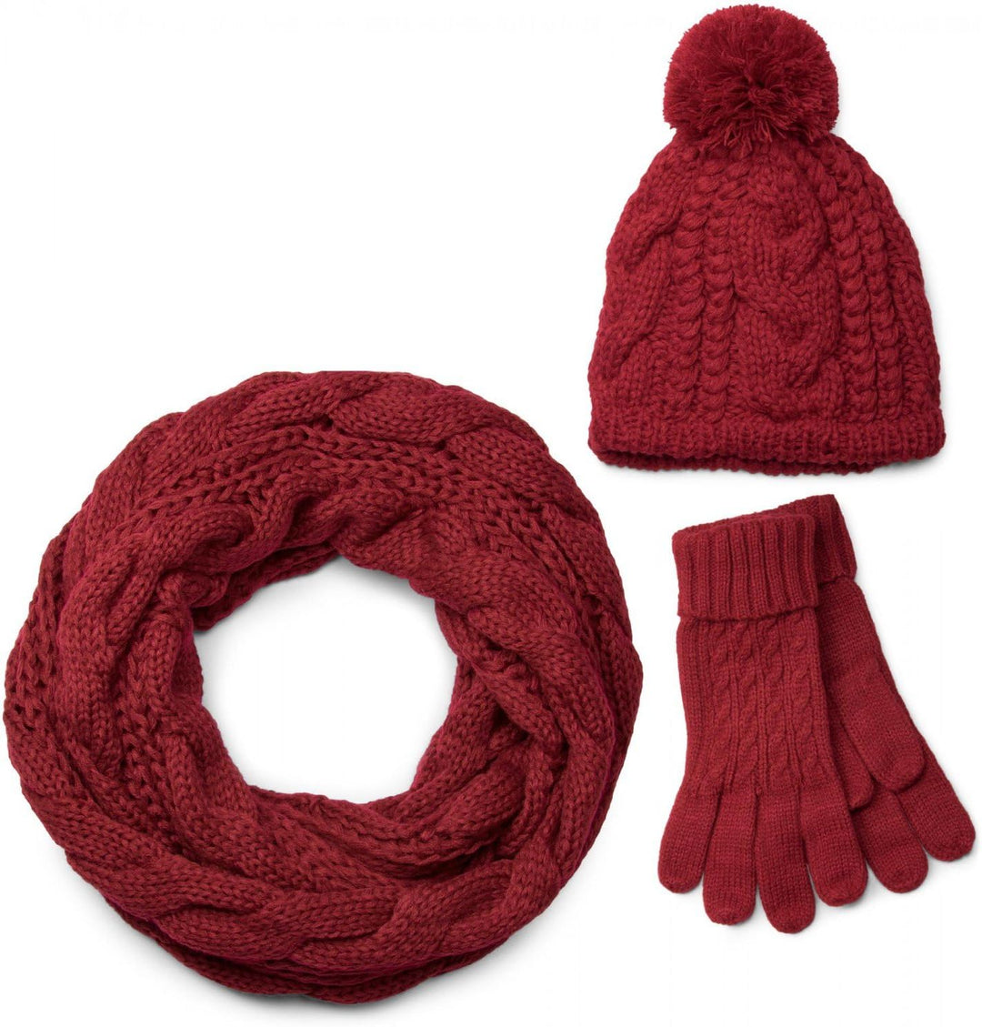 styleBREAKER Schal, Mütze und Handschuh Set, Zopfmuster Strickschal mit Bommelmütze und Handschuhe,