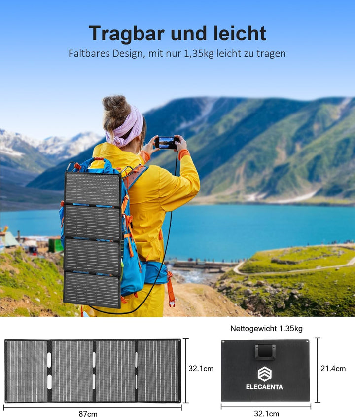 ELECAENTA 40W ETFE Solar Ladegerät Faltbar Solarmodul 3-Port, 18V DC/USB/USB-C PD30W, Tragbare Solar