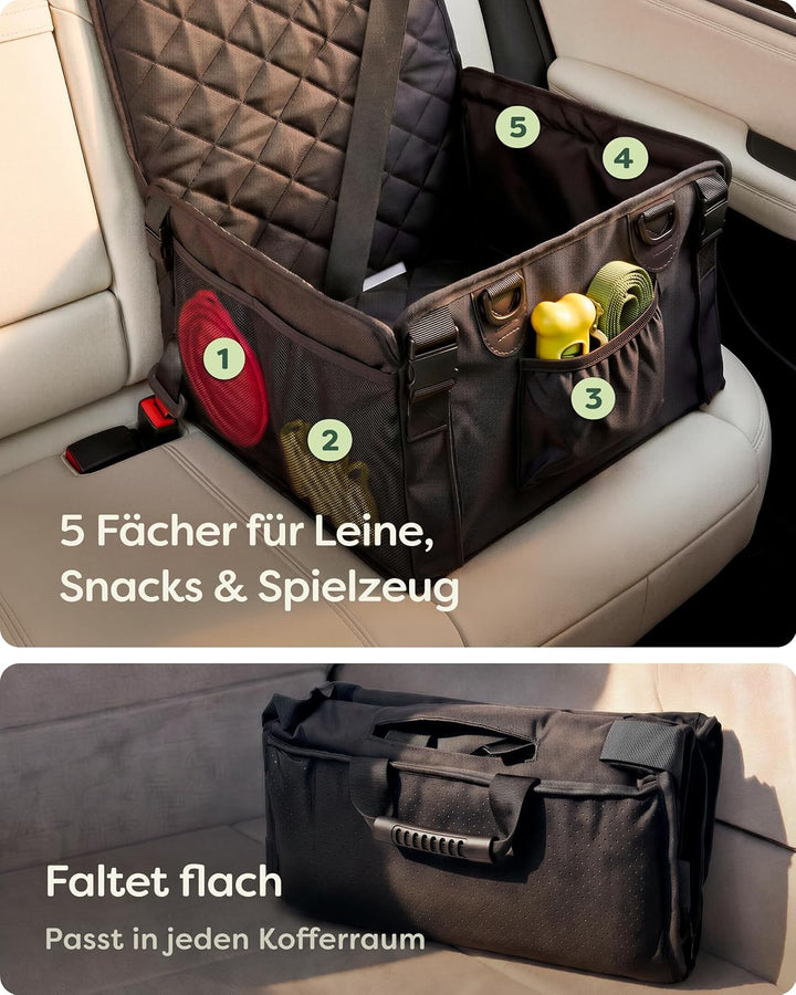 Knupis Extra Stabiler Hunde Autositz für Kleine Hunde - Wasserabweisend & Kratzfest mit 5 Taschen –