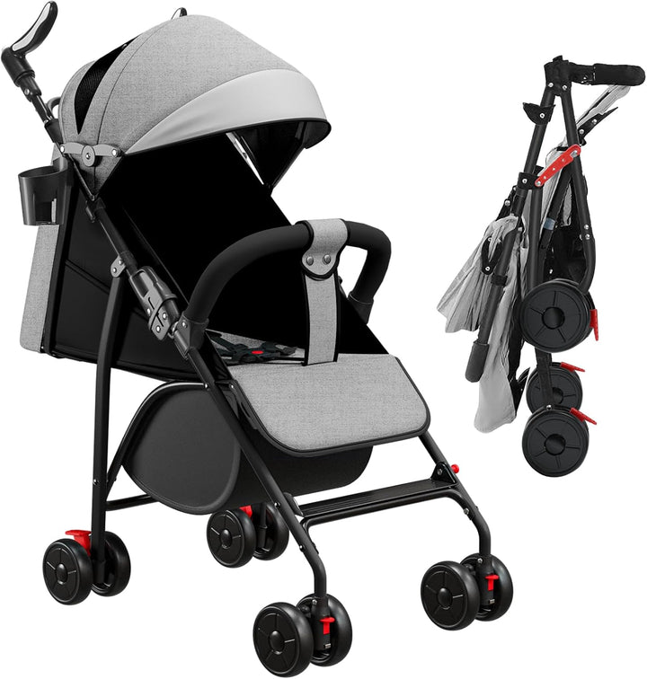 Kinderwagen mit 4 Rädern, bis zu 25 kg, grosses Verdeck, kompaktes Zusammenklappen, neigbare Rückenl