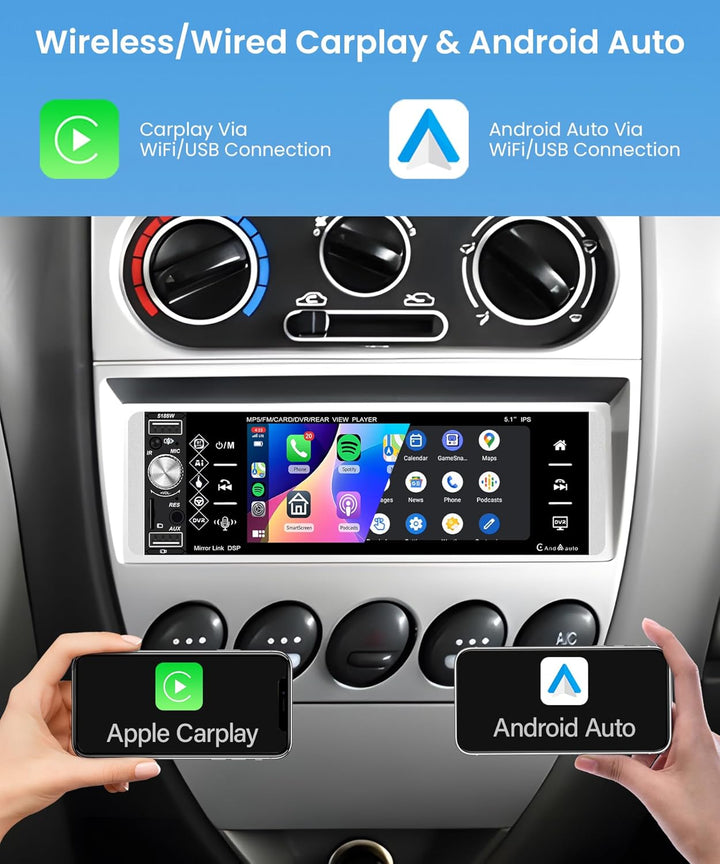 Rimoody Wireless Carplay Autoradio 1 Din, 5,1 Zoll HD Touchscreen Autoradio Single Din mit Knopf Blu