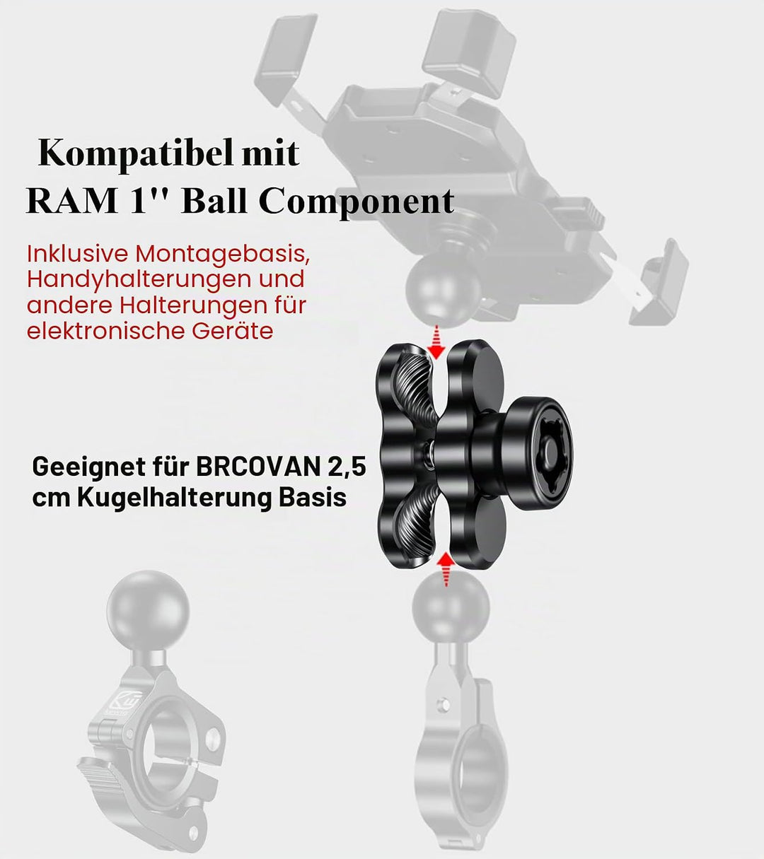 BRCOVAN Diebstahlschutz Aluminiumlegierung Doppelsockelarm (Kurzer Arm) Kompatibel mit RAM Mounts B