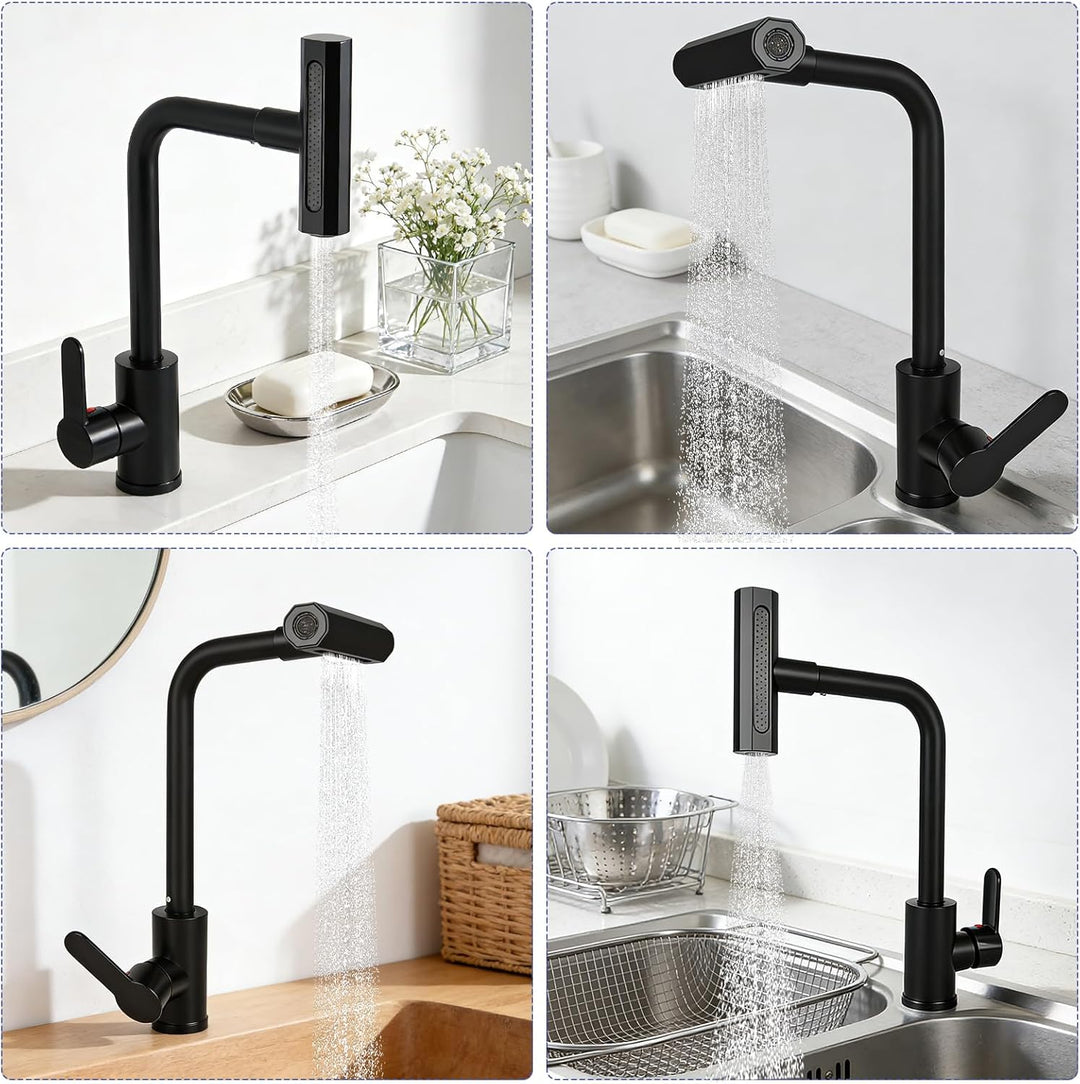 Waterfall Wasserhahn Küche mit 4 Strahlarten, 360° Drehbar Mischbatterie Spültischarmatur Einhebelmi
