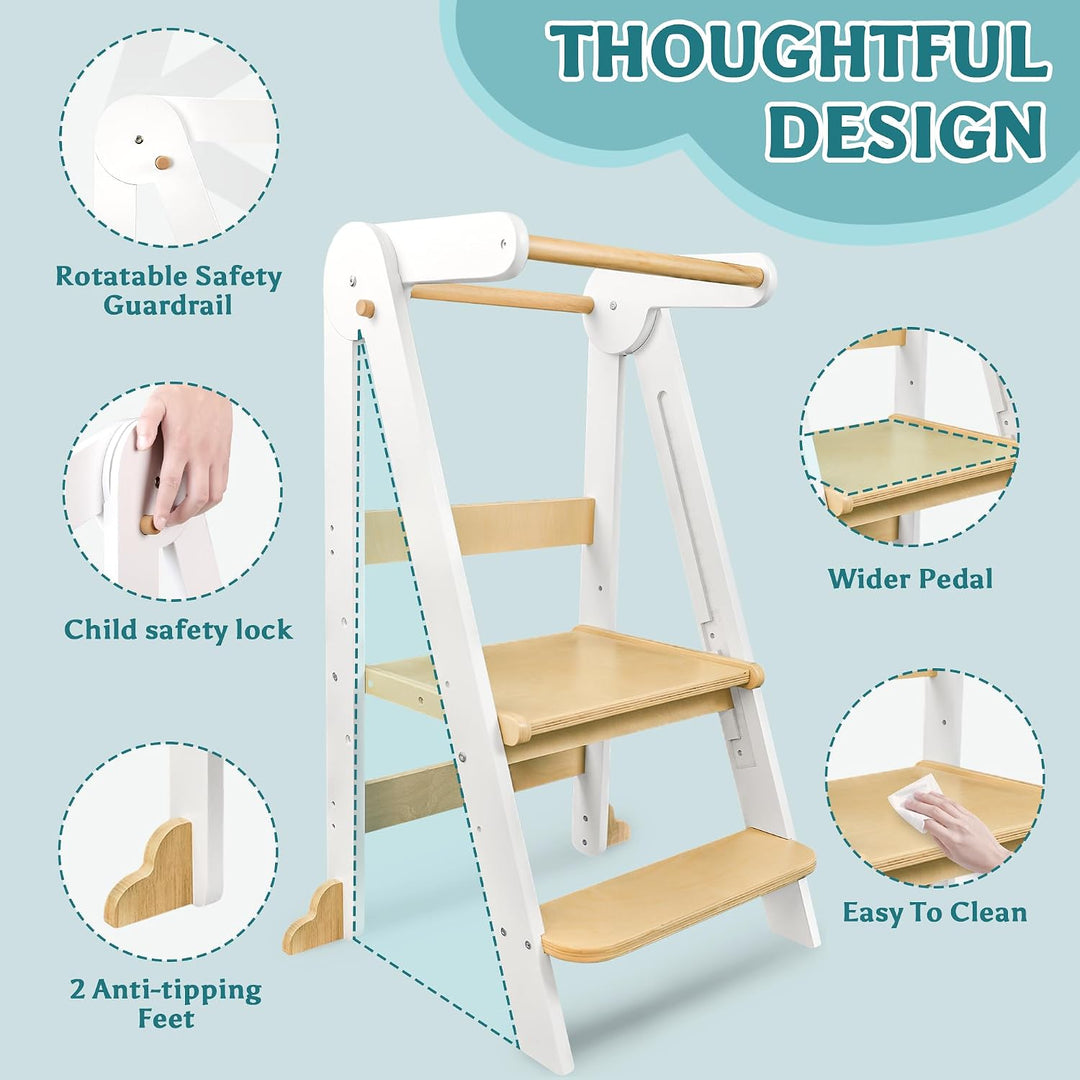 Lernturm Klappbar ab 1 Jahr, 3-stufig Höhenverstellbar Holz Kinder lernturm | Montessori Tritthocker