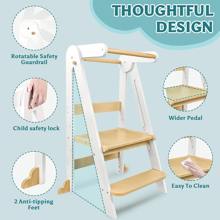 Lernturm Klappbar ab 1 Jahr, 3-stufig Höhenverstellbar Holz Kinder lernturm | Montessori Tritthocker