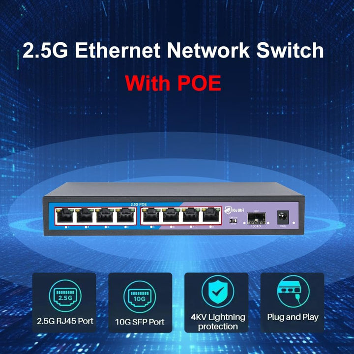 KuWFi PoE Switch, 8× 2.5-Gigabit Ports Ethernet LAN Switch (Plug-and-Play Unmanaged Switch, LAN Spli
