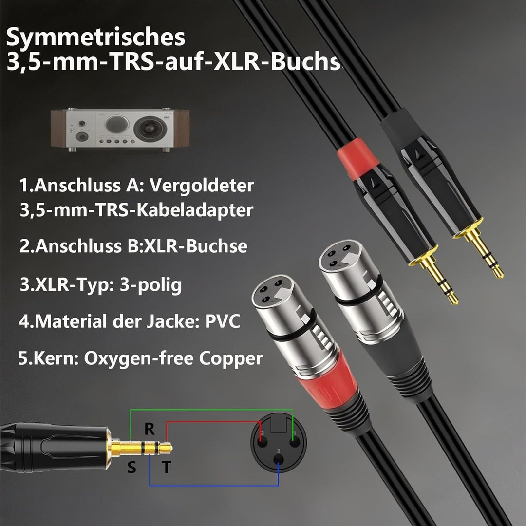 2 Pack XLR auf klinke 3,5mm Mikrofonkabel, 3.5mm TRS zu XLR weibliches 3 Pin Mikrofonkabel kompatibe