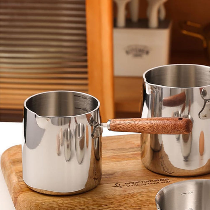 450ML Edelstahl Butter Wärmer Topf, Mini Butter Hot Pot Milch topf Kleiner Topf mit Holzgriff zum Ko