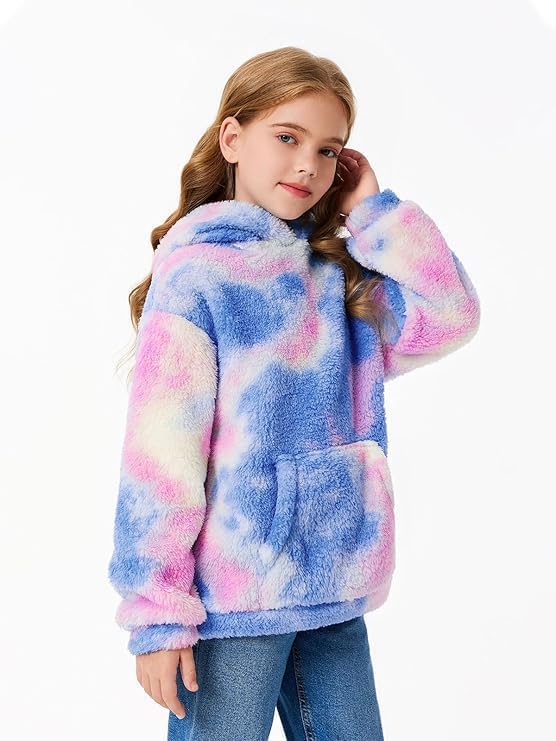 Haloumoning Kapuzenpullover Kinder Teddy Fleece Hoodie Tie Dye Warm Sherpa Sweatershirt Mädchen Jung