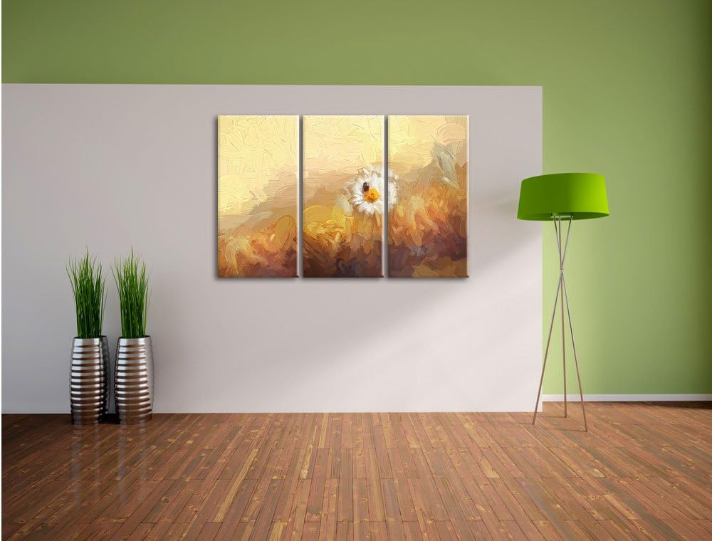 Pixxprint Gänseblümchen Marienkäfer / 3-Teilig/Gesamtmass 120cm Leinwandbild bespannt auf Holzrahmen
