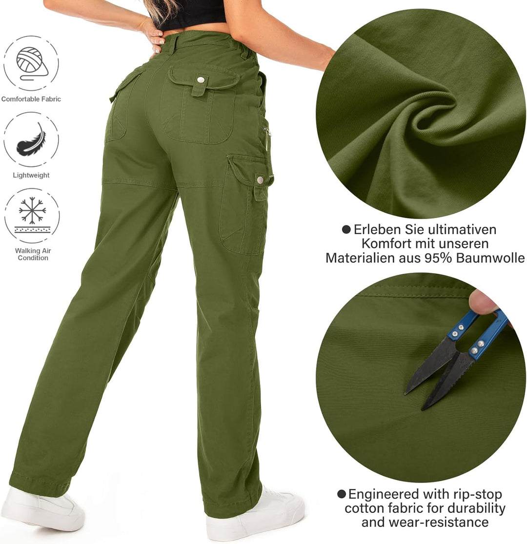 Cargohose Damen Hosen Multi Taschen Wanderhose Outdoorhose Baumwolle Arbeitshose Jogginghose Relaxed
